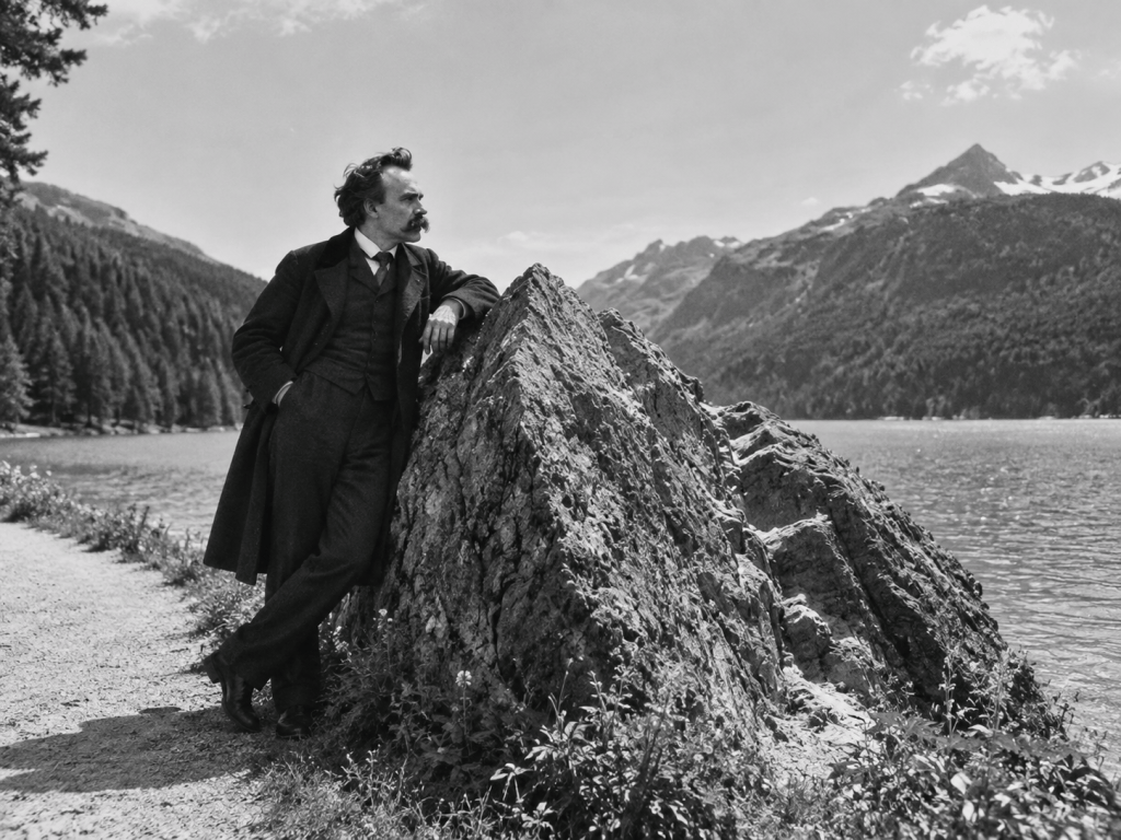 A man in historical attire leaning against a large rock by a serene lake, surrounded by mountains and forests in a black and white photograph.